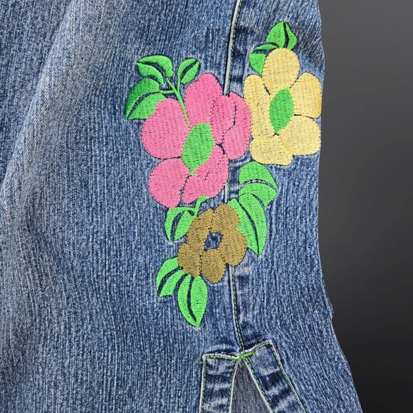 Vintage 90s Y2K Denim Capri Pants Jeans Embroidered Flowers Size 11 Fairy Boho - Picture 3 of 8